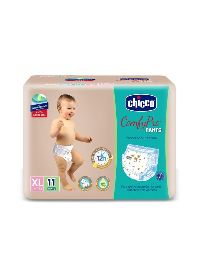 شيكو Chicco Comfy-Pro Pant Style Baby Diapers | Anti-bacterial benefits | Ultra Soft & 12hrs protection | Wetness indicator & Disposing Tapes - XL, 11 Count, 12-17 Kg - Image 1